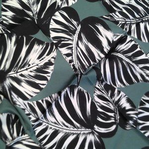 Silky Twill Square Scarf Black White and Green Leaves Face mask